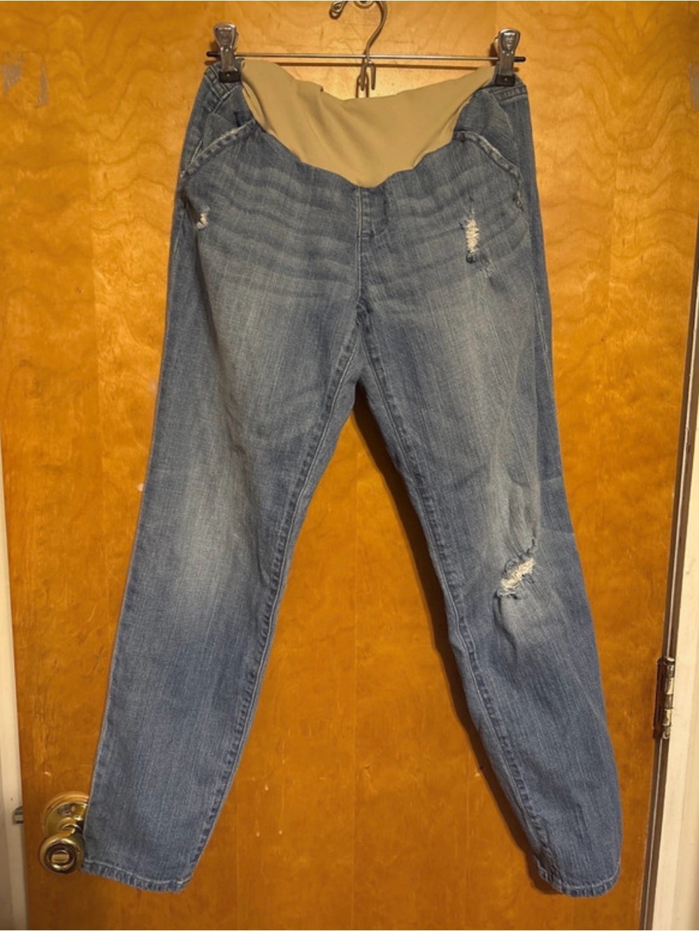 Indigo Blue Light Wash Maternity Jeans with Tan Stretch Panel